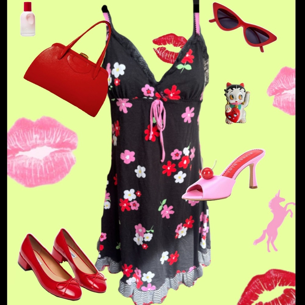 Floral Black Slip with Pink and Red Accents